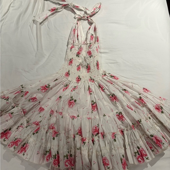 Floral Smocked Mini Dress - White with Pink Rose Print - Picture 2 of 3